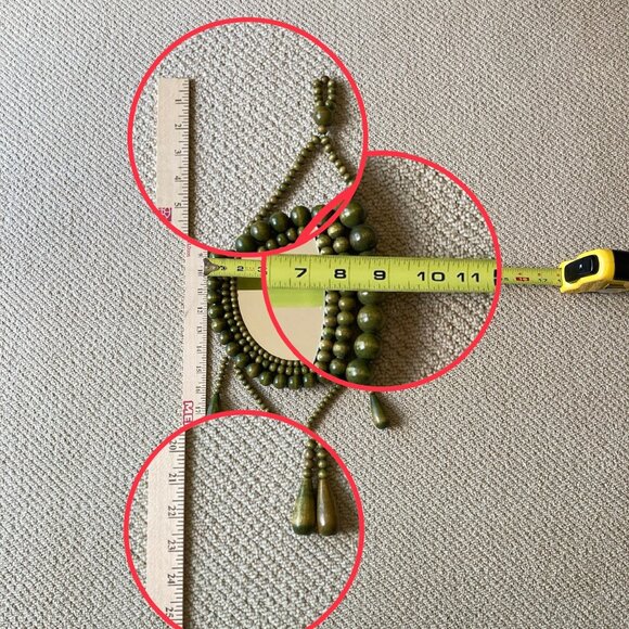 VTG Green Wooden Beads Tassels Frame Oval Mirror Boho Wall Hanging Cottagecore - Picture 15 of 17